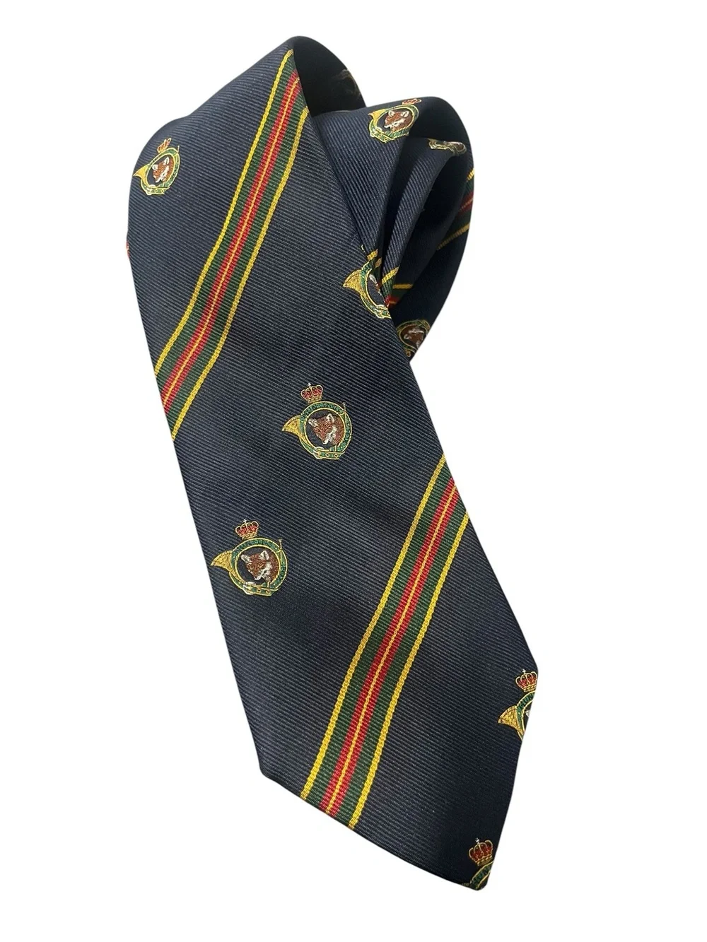 Lands' End Navy Crest Stripe Silk Tie with Red and Yellow Accents